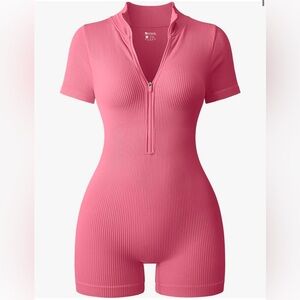 OQQ Women Rompers Ribbed Short Sleeve Zip Front Stretch